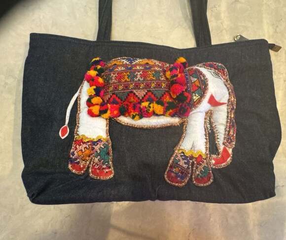 Stylocus Handbags - Stylocus Dark Denim Elephant Embroidered Boho Tote Bag